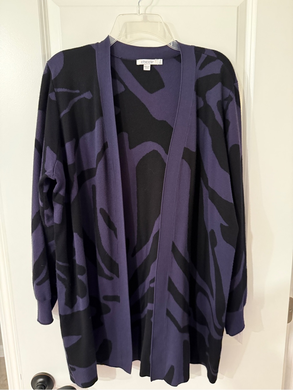 Chico's Purple and Black Patterned Open Cardigan